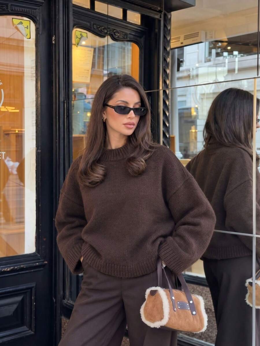 1pc Women's Half-High Neck Dropped Shoulder Long Sleeve Knit Sweater, Solid Color Short Loose Pullover Top, Minimalist Basic Style, Suitable For Streetwear, Daily Outings, Weekend Gatherings - Coffee Brown - View 1