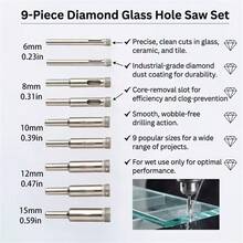 Glass Drill Bit Set, 9pcs (6Mm X 2, 8Mm X 2, 10Mm X 2, 12Mm X 2, 15Mm) Diamond Drill Bits, Suitable For Glass, Tile, Marble, Etc - A - View 1