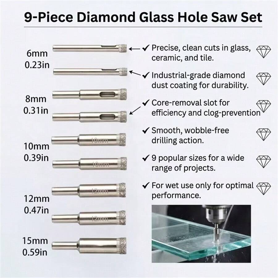 Glass Drill Bit Set, 9pcs (6Mm X 2, 8Mm X 2, 10Mm X 2, 12Mm X 2, 15Mm) Diamond Drill Bits, Suitable For Glass, Tile, Marble, Etc - A - View 1