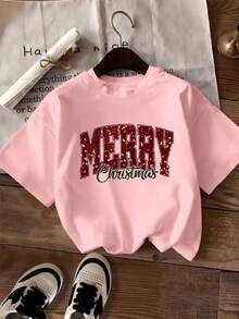 Women's Short-Sleeve T-Shirt Featuring "MERRY" Lettering Printed On Both Sides; A Casual Crew-Neck Top-Perfect For Holiday Parties-In Pink. - Pink - View 2