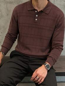 Men's Autumn/Winter Fashion Versatile Solid Color Casual Plaid Collar Long Sleeve Sweater Suitable For Daily Commute - Brown - View 4