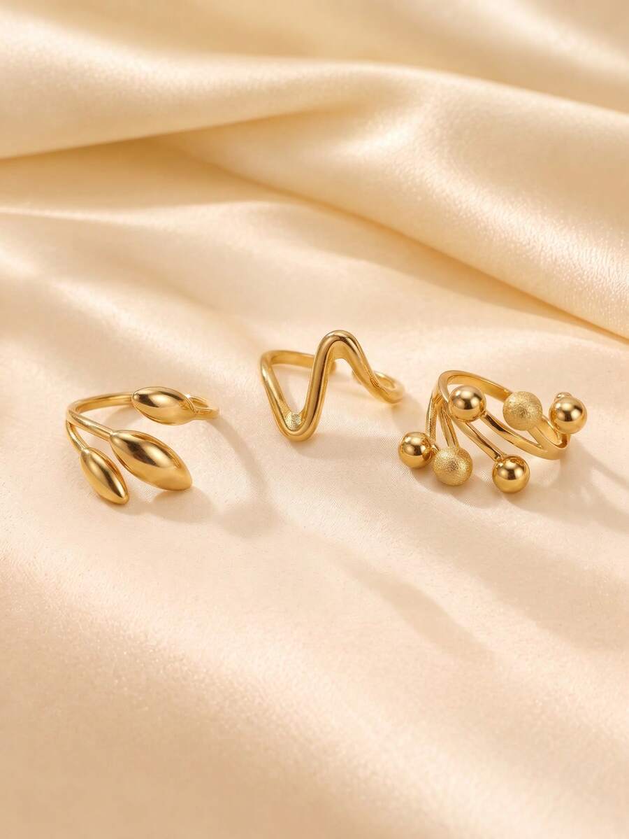 3pcs Gold Open Ring Set, 3D Leaf, Wavy Line, Round Bead Design, Adjustable, European And American Style Niche Accessory - Gold - View 1