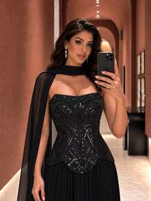 UNITHORSE[Random Cut]Strapless Elegant Waist-Cinching Sequin Patchwork Chiffon Evening Dress - Black - View 1