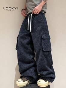 Men's Washed Distressed Cargo Pants, Dark Blue Loose Wide Leg, Multi-Pocket Versatile - Multicolor - View 8