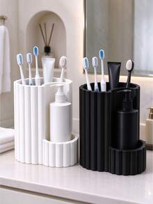 Vertical Striped Dual-Compartment Bathroom Storage Box, Divided Toothpaste And Toothbrush Holder, Makeup Brush Organizer, Desktop Decorative Storage Rack, Suitable For Bedroom Vanity And Office Desk, Store Stationery And Cosmetics, Back To School Supplies, Desktop Decorative Ornament, Holiday Gift - Multicolor - View 3