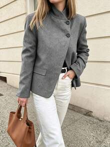 Elegant Women's Long Sleeve Regular Fit Grey Woven Fabric Overcoat, Featuring Unique Asymmetrical Button Design, Suitable For Autumn/Winter Wear - Grey - View 1