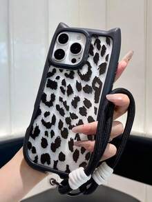 1 Pack Black Cat Ear TPU Case, Leopard Print, Wrist Strap, Daily Use, Gift For Friends, Mom, Besties, Apple11,13,Apple16 Pro Max,Apple17,14 Pro Max,Apple15 ,14,17 Pro Max,18 Pro Max - Black - View 5