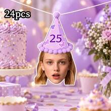 8/16/24pc Custom Photo Face Banner, 25th Birthday Purple Butterfly Party Hat Photo Bunting, Personalized Face Cutout Birthday Banner, Birthday Party Decorations, Custom Age Banner - Multicolor - View 15