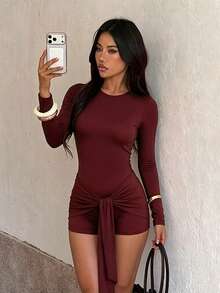 Women's Autumn Burgundy Minimalist Ribbon Long Sleeve Ultra Short Jumpsuit Back To School Halloween Party Date - Burgundy - View 3