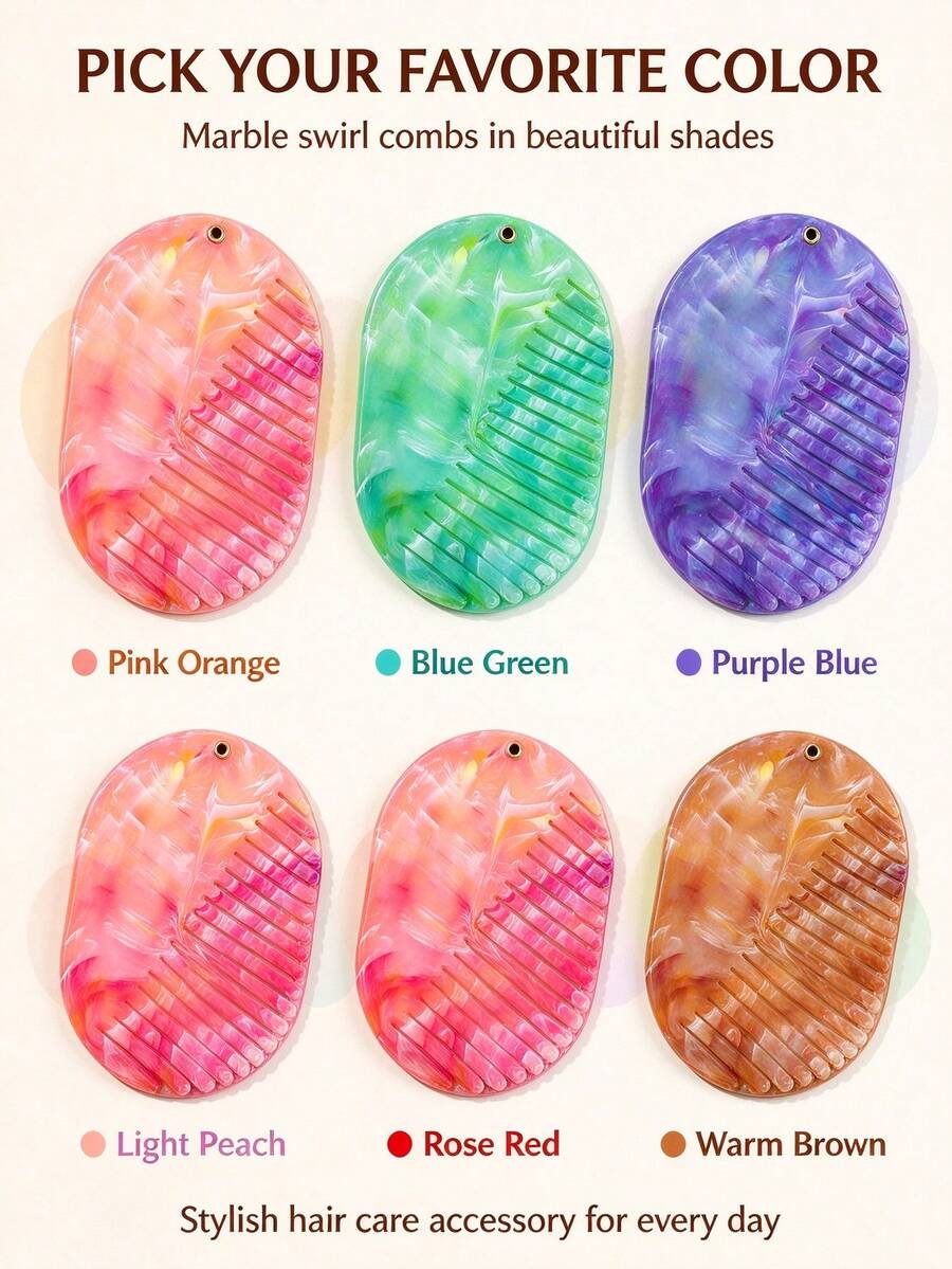 2-In-1 Portable Folding Hair Comb With Mirror, Marble Swirl Pattern Wide Tooth Comb, Women's Mini Travel Pocket Makeup Mirror Comb, Suitable For Daily Hair Styling - Multicolor - View 1