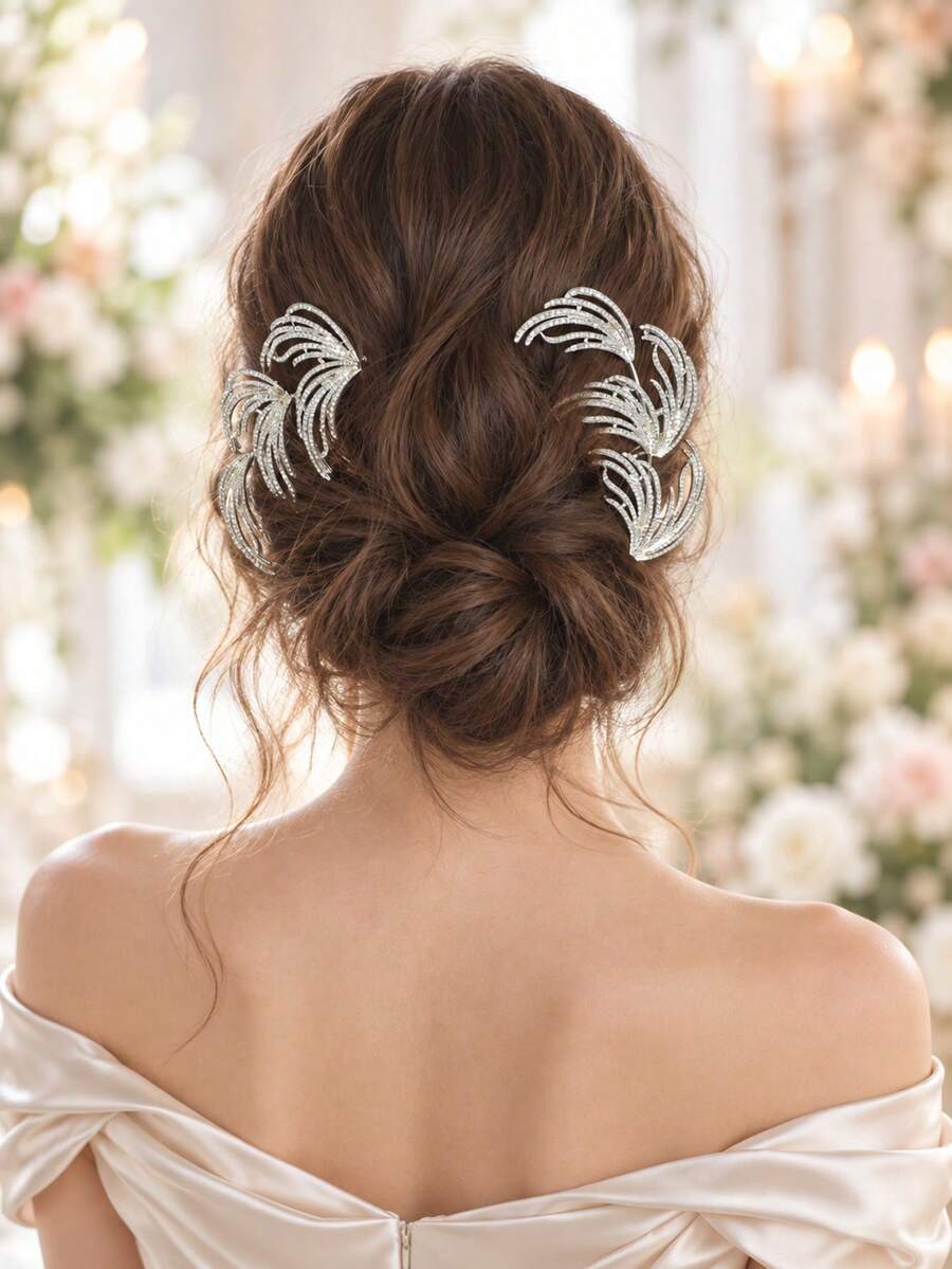1pc Vintage Elegant Rhinestone Phoenix Tail Bridal Hair Accessory, Sparkling Crystal Leaf Hair Comb - Silver - View 1