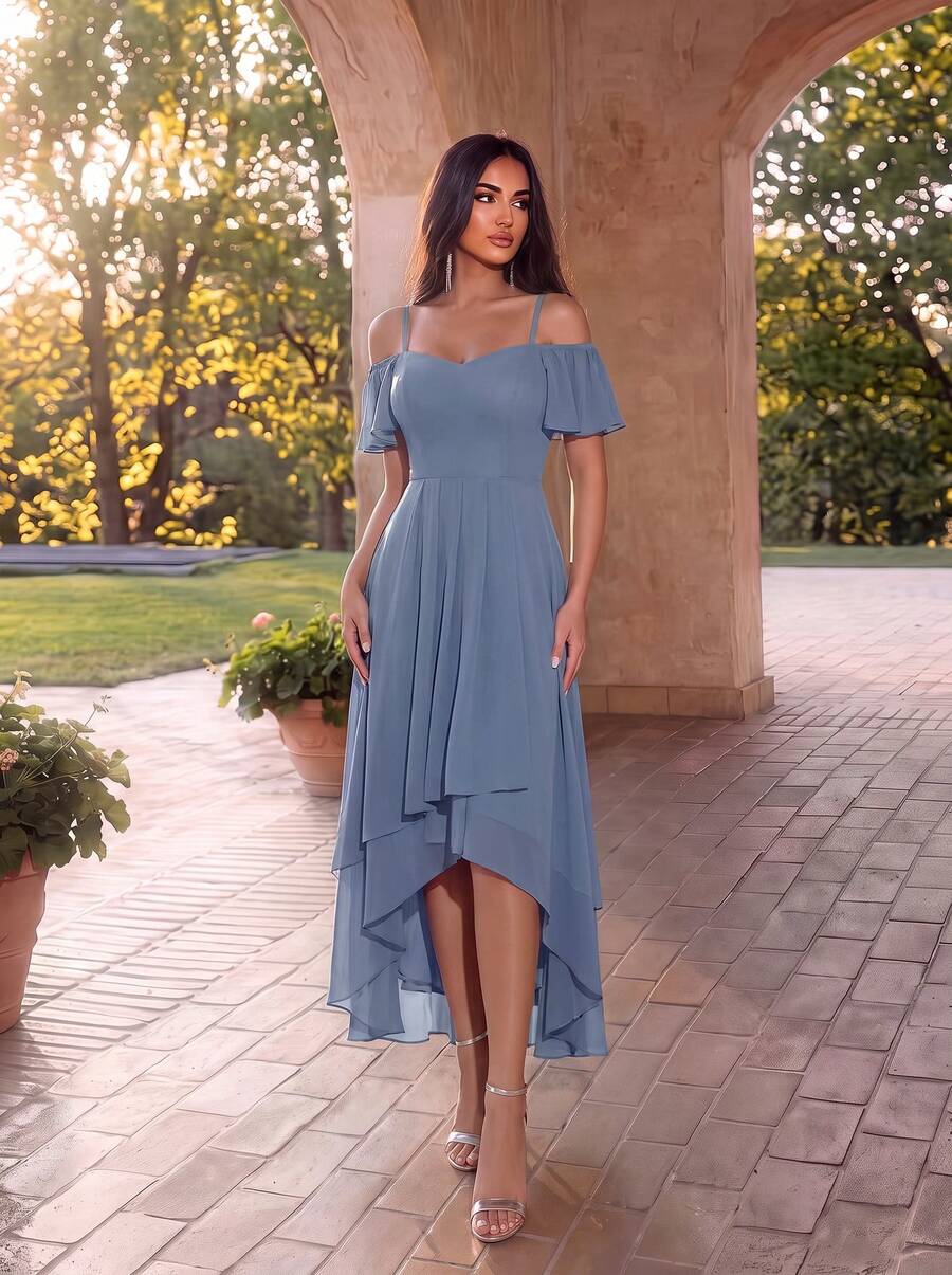EVERPRETTY Solid Color Off-Shoulder Bridesmaid Dress With High-Low Hem, Elegant And Graceful - Dusty Blue - View 1