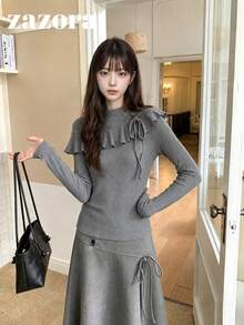 2-In-1 Ruffle Trim Long Sleeve Base Layer Top, Solid Color Minimalist Slim Fit Flattering T-Shirt, Autumn Apparel - Grey - View 9
