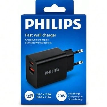 PHILIPS شاحن فيليبس للهاتف المحمول أسود USB C + USB A - شحن سريع 20 واط قابس أوروبي. جودة مضمونة - قابس اتحاد أوروبي نوع F (220 إلى 240 فولت) - مشاهدة 1