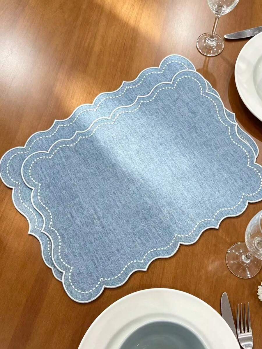 4 st enfärgade broderade bordsplacemats i linne, lantlig stil i polyesterfiber, lämpliga för matbord, soffbord, tebord, daglig heminredning, vasunderlägg, bröllop, högtid och fest - Babyblå - Visa 1