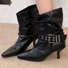 Sepatu Bot Wanita Model Vintage Ujung Lancip dengan Detail Kerut, Hak Tinggi Tipis, dan Gesper Sabuk Kulit - Hitam - View 1