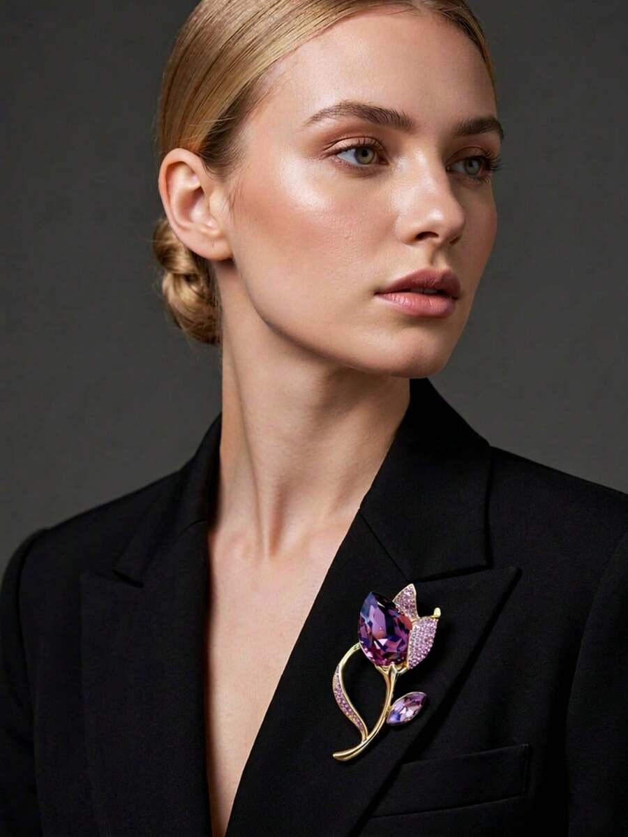 Cross-Border Luxury Purple Crystal Tulip Brooch, Alloy Rhinestone Flower Pin, Suit Coat Dress Accessory Corsage - Multicolor - View 1