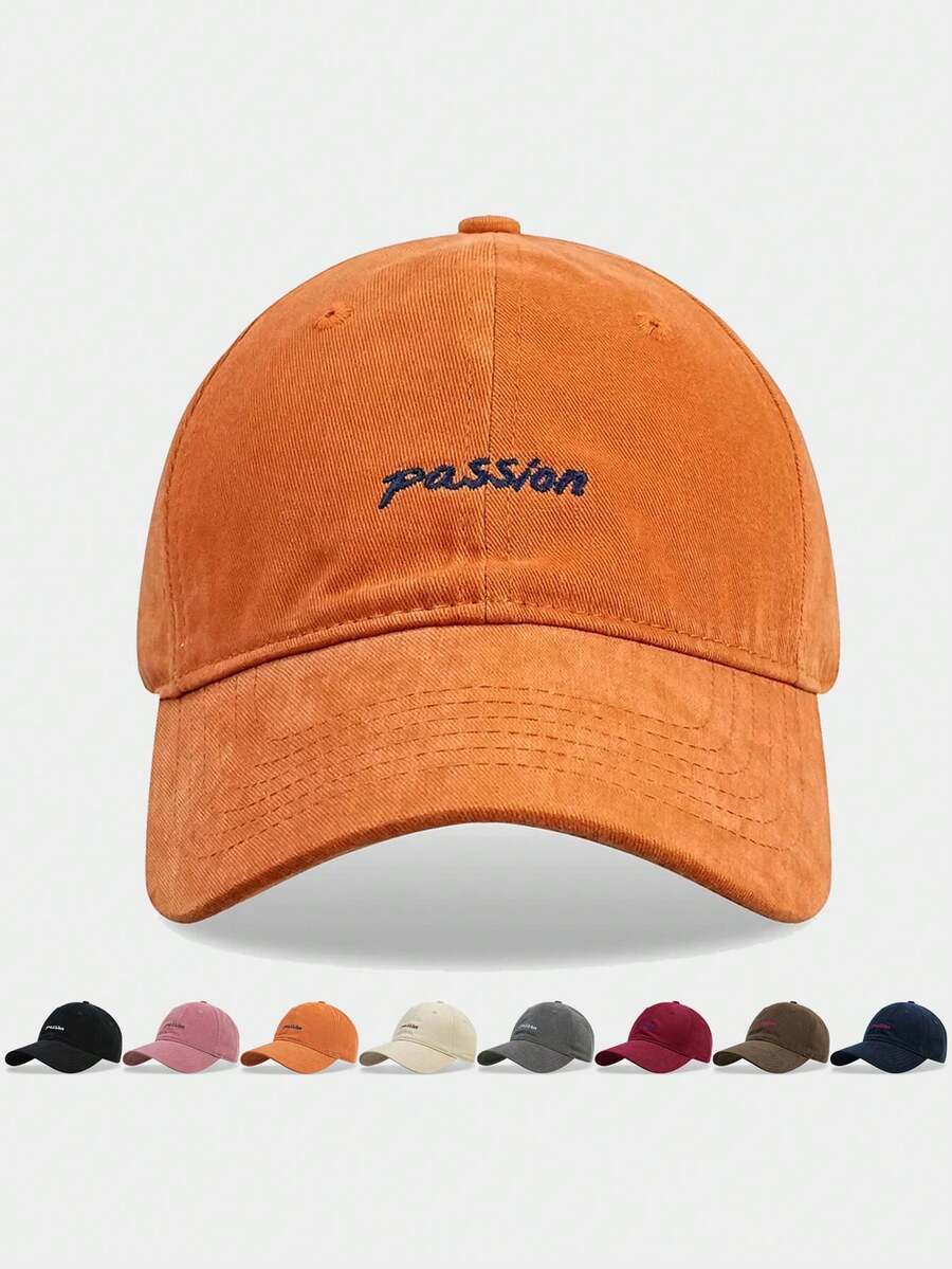 1pc Letter "Passion" Embroidered Baseball Cap, Unisex Couple Style, Solid Color Soft Top Hat, Adjustable Curved Brim - Multicolor - View 1