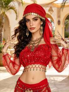 Sequin Off Shoulder Sheer Mesh Crop Top Tassel Hem, Coin Trim Turban Headscarf Veil, Outdoor Courtyard Party Dance Wear, Multi-Color Available - Multicolor - View 6