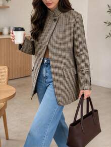 Women's Autumn/Winter Blazer, Elegant Asymmetrical Diagonal Opening Design Dual-Color Plaid Casual Blazer, Vintage Elegant, Suitable For Commute Wear, Office Wear - Brown - View 9