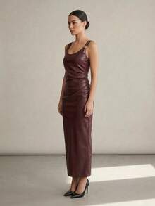 Women's Burgundy Accessory Detailed Draped Faux Leather Maxi Dress - Burgundy - View 4