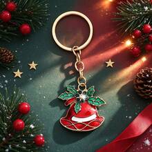 1pc Creative Oil Drip Christmas Red Bell & Holly Keychain, Metal Pendant Charm, Christmas Backpack Decoration Small Gift - Multicolor - View 2