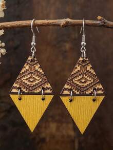 1 Pair Geometric Triangle Patchwork Wooden Ear Hooks, Vintage Totem Bohemian Wooden Slice Earrings - Brown - View 1