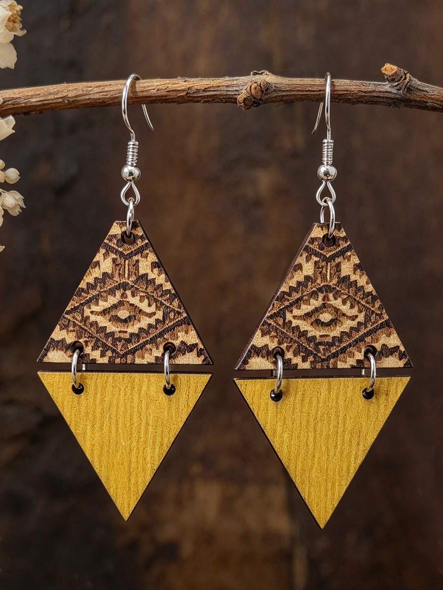 1 Pair Geometric Triangle Patchwork Wooden Ear Hooks, Vintage Totem Bohemian Wooden Slice Earrings - Brown - View 1