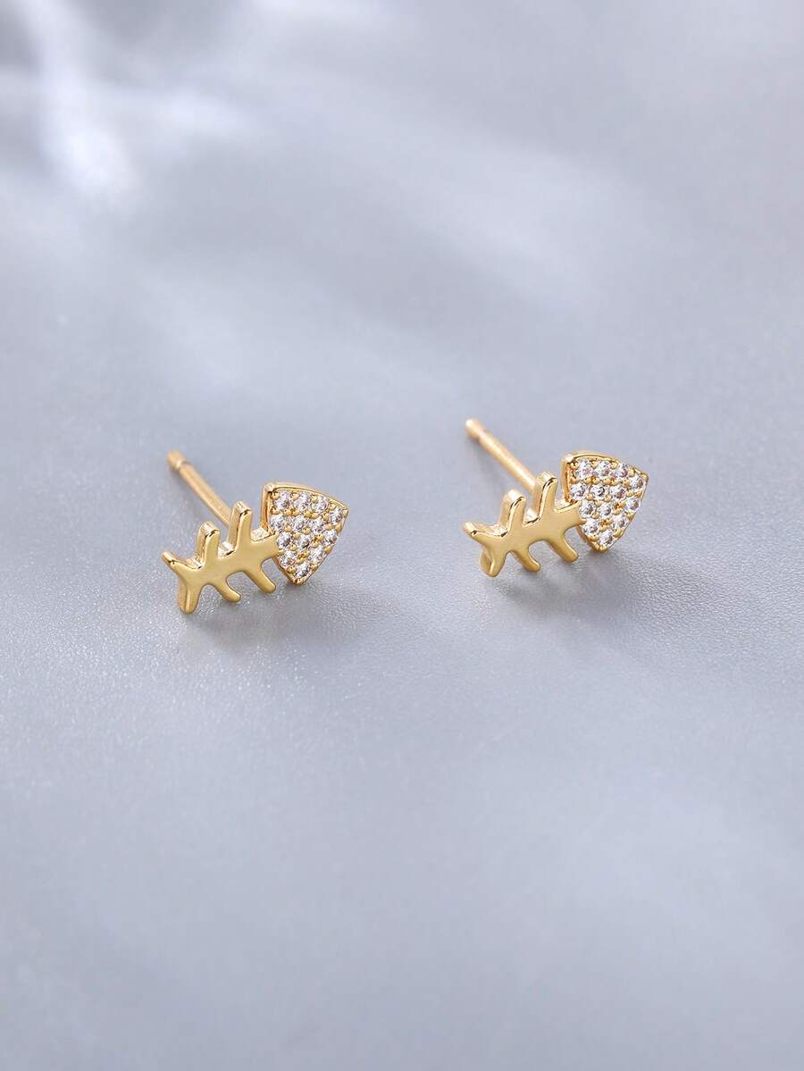 1 Pair Niche Exquisite Fishbone Shape Women's Brass Stud Earrings, Minimalist Elegant Design, Suitable For Office Commute/Weekend Outing - SED-072 - View 1