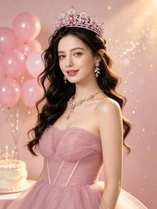 1套紅色水鑽皇冠、項鍊、耳環4件組新娘婚禮珠寶套裝，適合婚紗、金色舞會、婚禮派對、聚會 - 粉色 - 查看 4