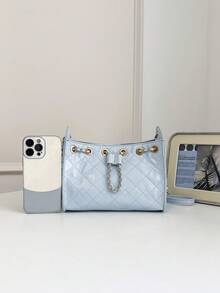 Tas X.Y. Wanita Biru PU Bucket Bag Motif Berlian dengan Tali Rantai dan Tali Serut untuk Perjalanan Sehari-hari dan Kencan - Baby Blue - View 10