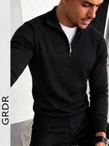 Men's Black Half-Zip Stand Collar Knit Sweater, Solid Color Slim Fit Long Sleeve Pullover Base Layer, Casual Commute Layering Top, Autumn/Winter - Black - View 4