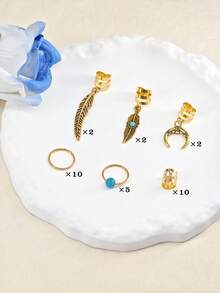 31件套 綠松石吊墜辮子髮珠 辮子髮環 波希米亞風女用辮髮飾品 髒辮髮飾 - 金色 - 查看 5