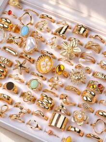 8/15Pcs/Lot Fashion Exquisite Elegant Large Flower Faux Pearl Women Rings Starfish Geometric Irregular Gifts Daily Autumn Winter Outfits Wearing - Irregular Flower Gold Tail Ring - View 2