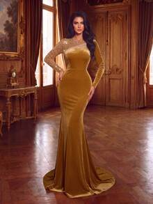 Elegant Velvet Mermaid Evening Gown With Beaded Sequin Patchwork, Round Neck Long Sleeve, Suitable For Prom, Bridal Party, Grand Banquet, Red Carpet Occasions - Champagne - View 6