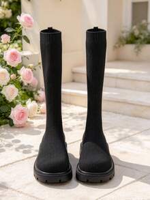 1 Pair Girls' Tall Elastic Boots, Soft Elastic Knitted Fabric + Round Toe Thick Anti-Slip Sole, Slip-On Elastic Design, Classic Versatile Long Boots, Suitable For Daily School, Holiday, Vacation, Spring/Autumn New Style - Black - View 4