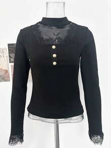 French Elegant Black Lace Long Sleeve T-Shirt, High-End Layering Top For Women, Spring ,Petite Women - Black - View 9