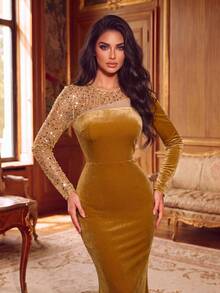 Elegant Velvet Mermaid Evening Gown With Beaded Sequin Patchwork, Round Neck Long Sleeve, Suitable For Prom, Bridal Party, Grand Banquet, Red Carpet Occasions - Champagne - View 4
