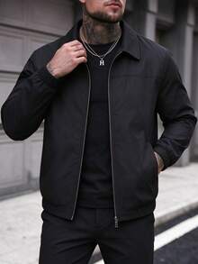 Men's Pure Black Lapel Zipper Jacket, Minimalist Style Elastic Cuff Casual Outerwear, Suitable For Spring And Autumn Daily Wear - Black - View 3