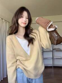 Women's Colorblock 2 In 1 Knit Sweater, French Elegant Gentle Elegant Round Neck Pullover - Yellow - View 2