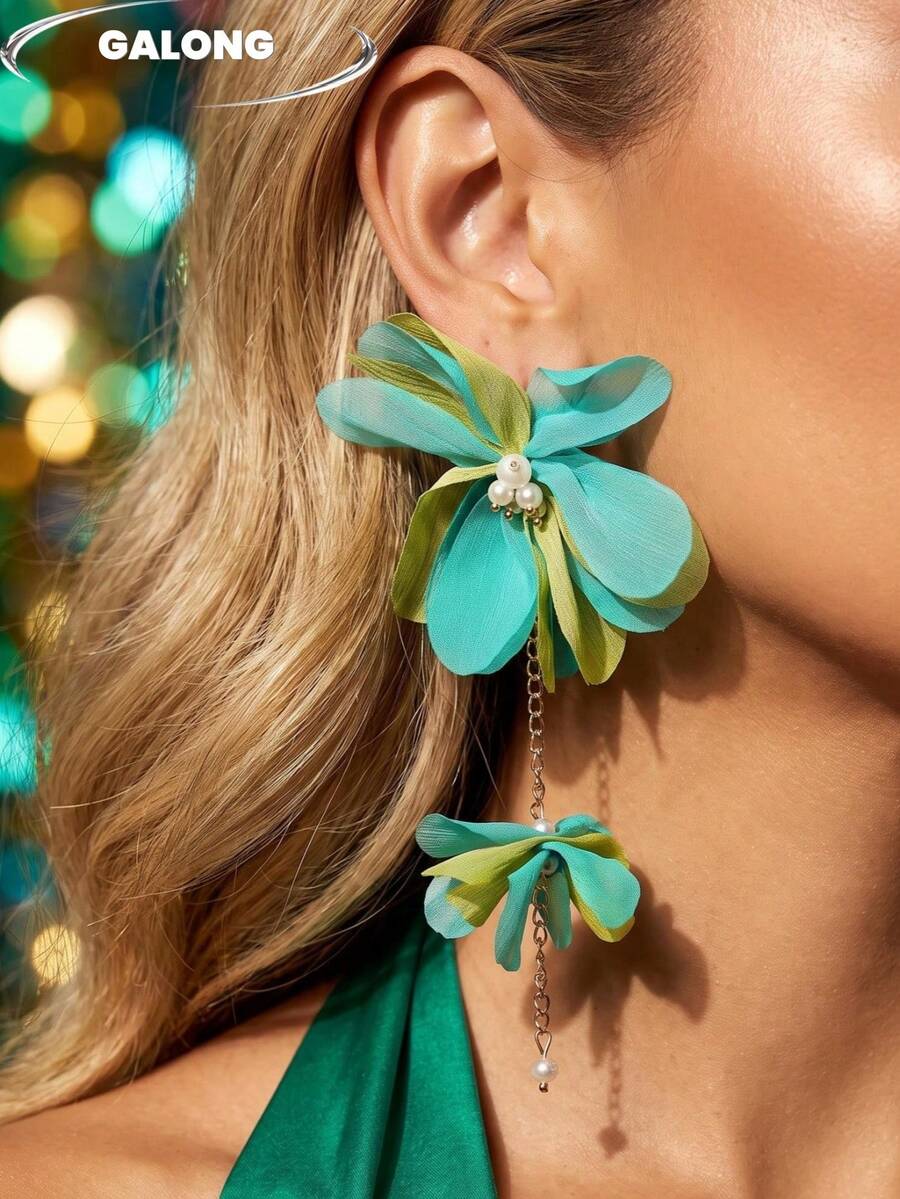 Handmade Fabric Earrings | Forest Green Floral Petal With Pearl Accents | Bohemian Style Dangle Earrings