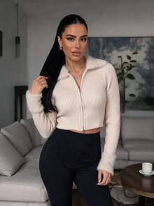 Vexica Women's Sexy Rib Knit Zip Up Sweater, Faux Fur Collar Crop Top For Fall Winter Night Out, Daily - Apricot - View 5