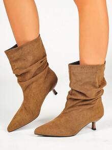 Women's Pointed Toe Ruched Mid-Calf Boots, Vintage Ruched Kitten Heel Ankle Boots - Khaki - View 6