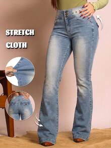 Quần jeans ống loe nữ Y2K màu xanh nhạt, cạp thấp nhiều cúc, co giãn ôm dáng ống bootcut, quần denim phong cách streetwear vintage - Rửa nhẹ - Xem 5