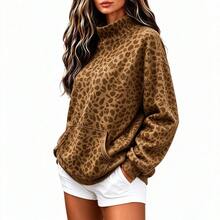 Women's Plus Size Fashion Casual Leopard Print Long Sleeve Sweatshirt With Faux Collar And Pockets (Autumn/Winter) - Coffee Brown - View 2