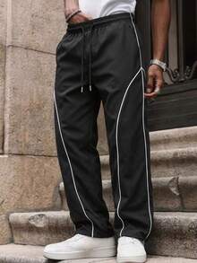 Men's Casual Contrast Side Stripe Long Fashionable Pants, Versatile Sports Trousers For Spring And Autumn,Unisex Style,Drawstring Waist Streetwear - Black - View 4