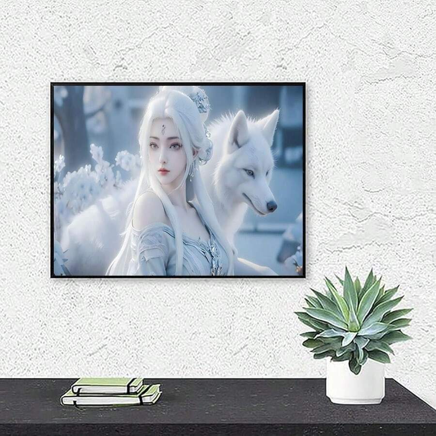 Adult Diamond Art Painting Set, White Wolf Woman Full Round Diamond Painting, DIY Handmade Kit (Unframed, Multiple Sizes)