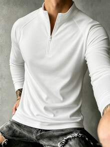 Men's Spring/Autumn Fashion Versatile Solid Color Raglan Sleeve Zip-Up Collar Long Sleeve T-Shirt - White - View 4