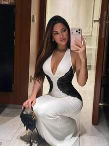 Women's Elegant Contrast Color Lace Patchwork Halter Neck Long Dress, Deep V Backless Slim Fit Bodycon Party Dress, Suitable For Party, Halloween, Christmas - White - View 1