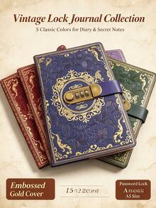 1 buah Buku Harian A5 dengan Kunci Sandi, Perencana Sampul Keras Bergaya Vintage dengan 100 Lembar, Embossing Emas, Buku Catatan Kunci Kombinasi 3 Digit untuk Hadiah - Beraneka warna - View 1
